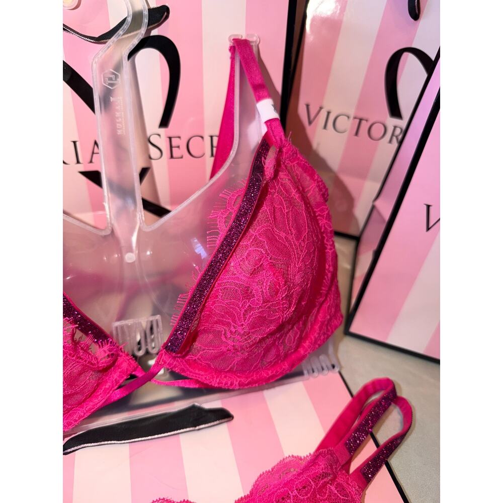 Victorias Secret Bra Very Sexy Bling Strap Set Pink Fusia 32B Small Thong - Picture 2 of 9